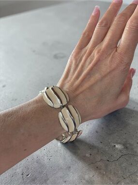 Vintage Chunky Silver Tone Cream Enamel Link Bracelet